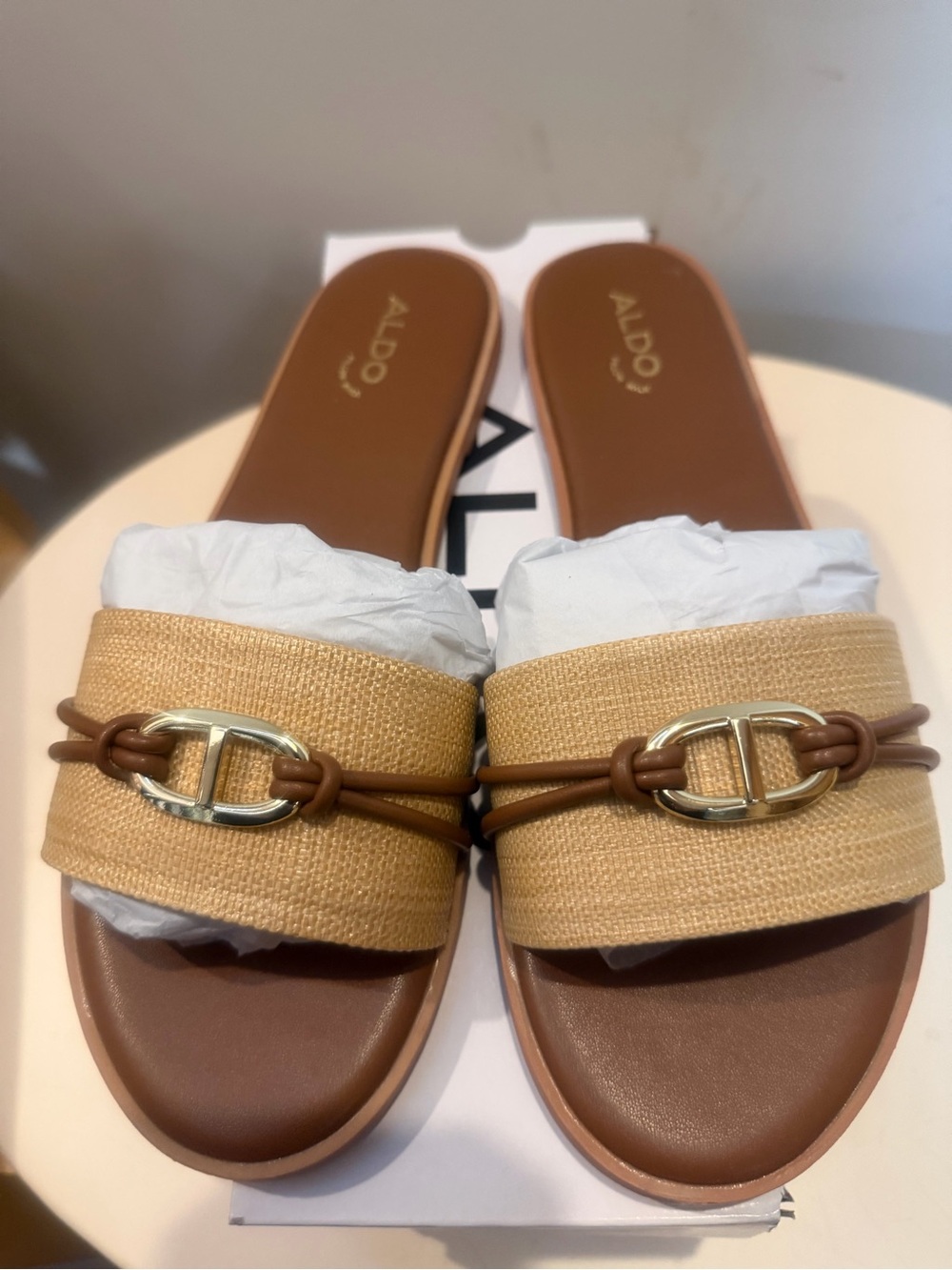 ALDO Tan Raffia Slide Sandals with Gold Hardware